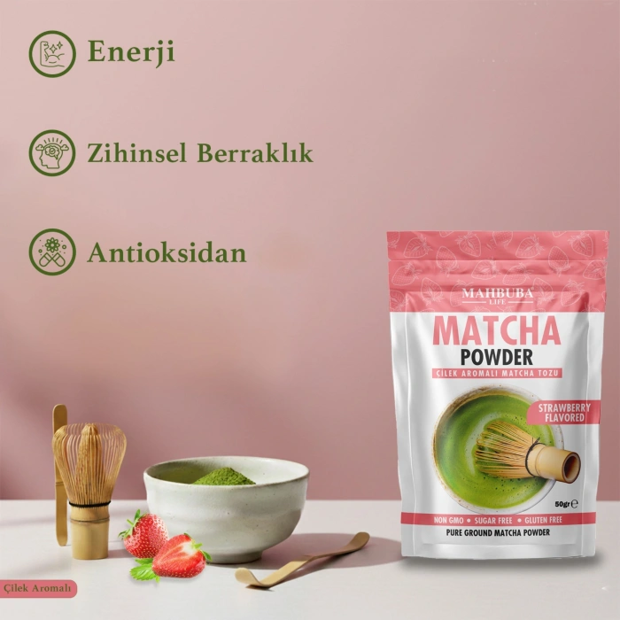 Çilek Aromalı Matcha Çayı Tozu 50gr - Glutensiz