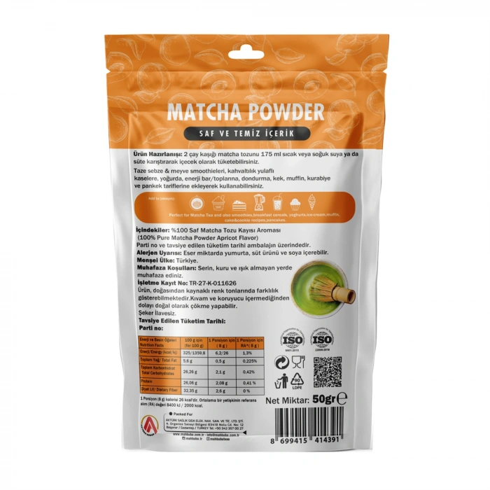 Kayısı Aromalı Matcha Çayı Tozu 50gr - Glutensiz