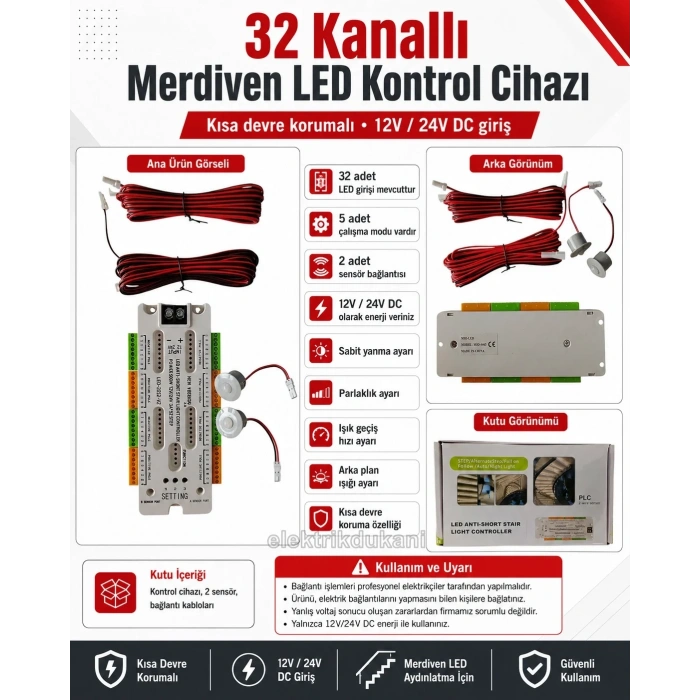 12v/24v DC 32 Basamaklı Merdiven Kontrol Kumanda Cihazı Ünitesi Toplam 500w Güç  2 Sensörlü Hareket e Duyarlı
