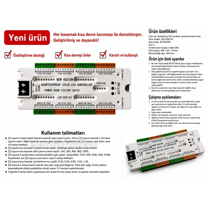 12v/24v DC 32 Basamaklı Merdiven Kontrol Kumanda Cihazı Ünitesi Toplam 500w Güç  2 Sensörlü Hareket e Duyarlı