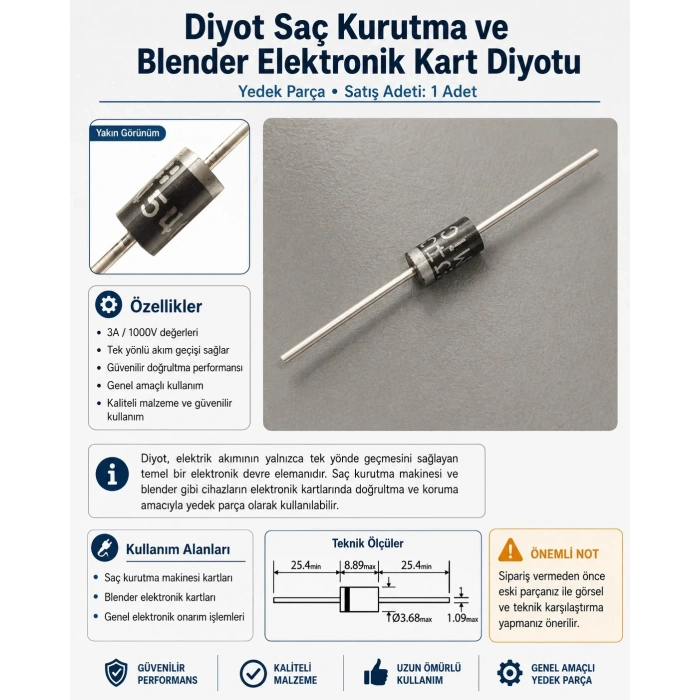 1N5408 Diyot Saç Kurutma ve Blendır Elektronik Kart Diyotu 1000v 3A