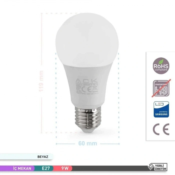ACK 12v-24v-48v Ac / Dc E-27 Led Ampul 9W 6500k Beyaz 900lm