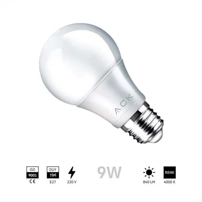 ACK E-27 9w Led Ampul GÜNIŞIĞI Işık 4000k 880lm 220 Volt (9w Tüketim 70w Değerinde ışık)