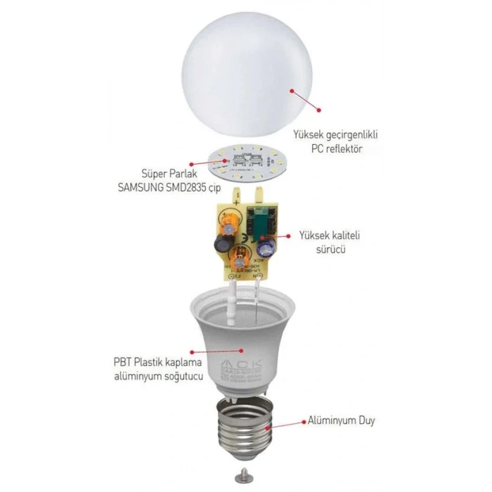 ACK E-27 9w Led Ampul GÜNIŞIĞI Işık 4000k 880lm 220 Volt (9w Tüketim 70w Değerinde ışık)