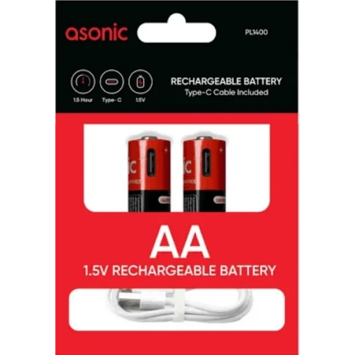 ASONİC 1400mAh 1.5 Volt Şarjlı Kalem Pil AA 2li Pk. Type-C Soketli Kablo İle Şarj Edilebilir