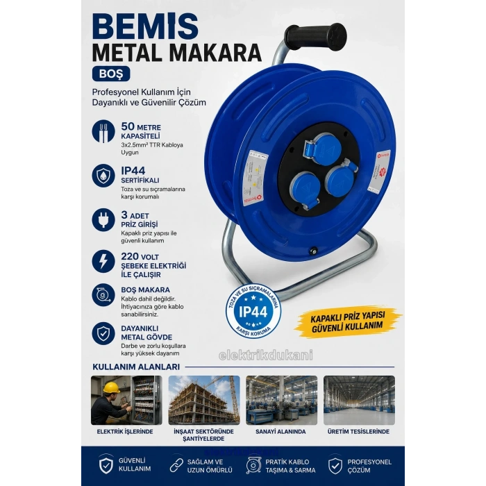 BEMİS Boş Metal Makara 3 Monofaze Prizli 50m 3x2.5mm Kablo Kapasiteli