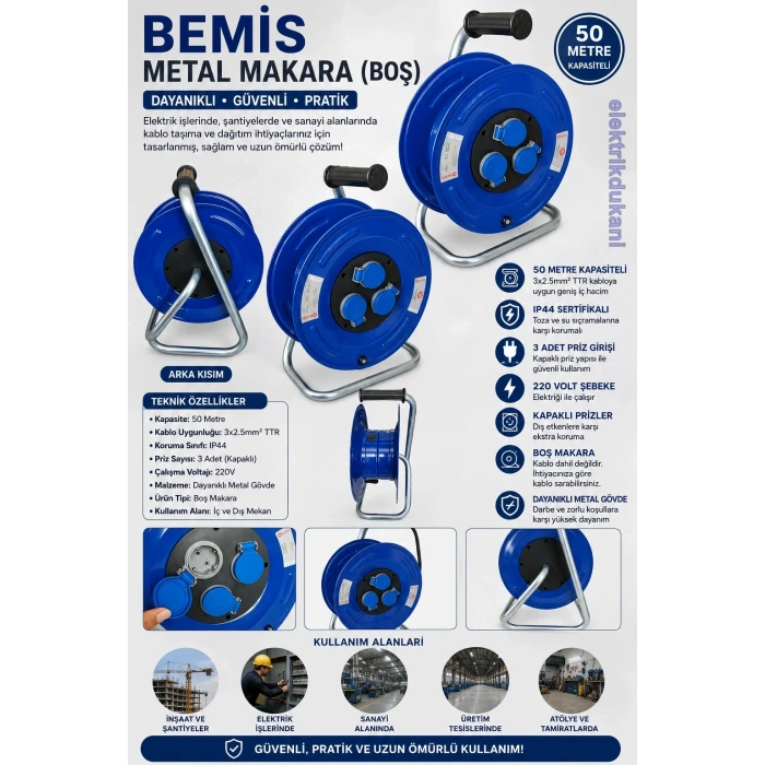 BEMİS Boş Metal Makara 3 Monofaze Prizli 50m 3x2.5mm Kablo Kapasiteli