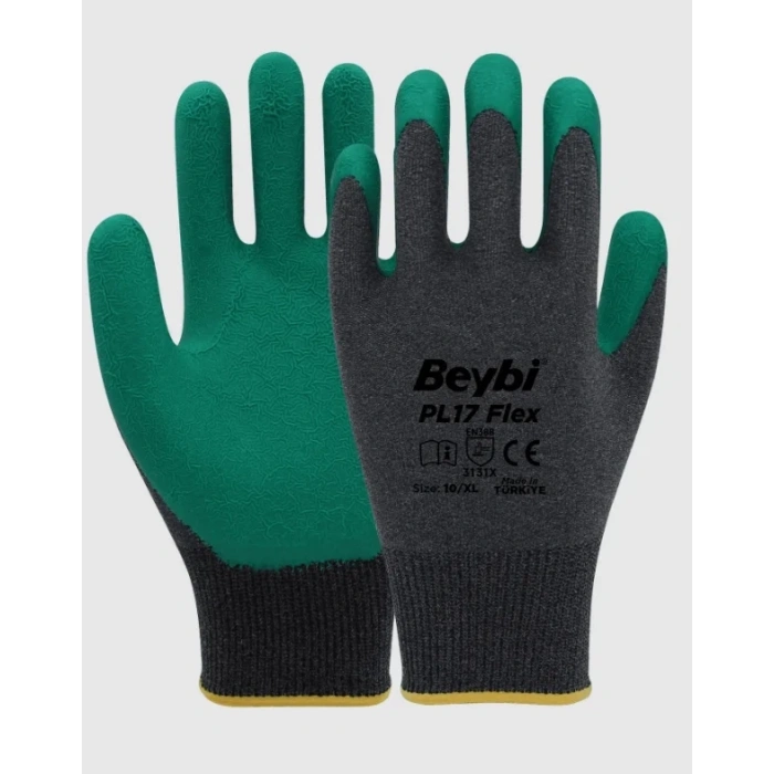 BEYBİ PL17 Flex Likralı İpten Örme Lateks Yarı Kaplı İş Eldiven 3131X Gri/Yeşil