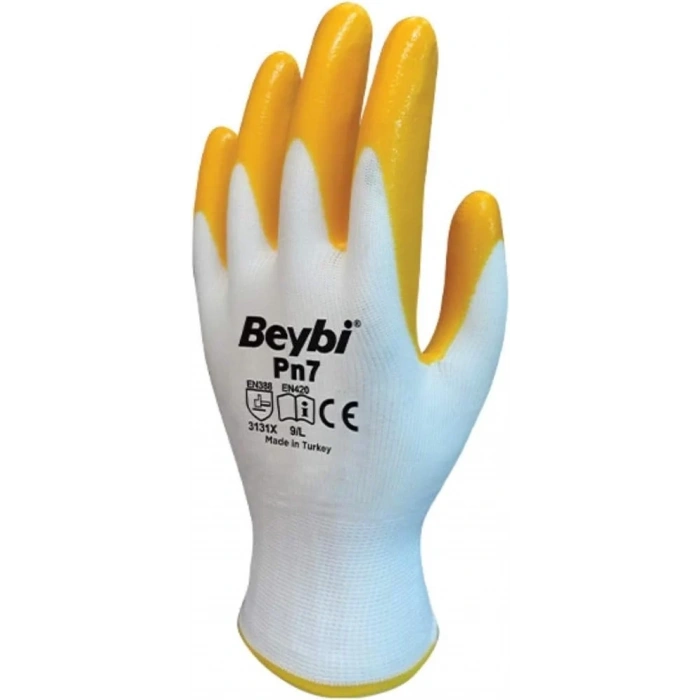 BEYBİ PN7 10/XL Polyester Örme Nitril Yarı Kaplı İş Eldiven 3131X Beyaz/Sarı