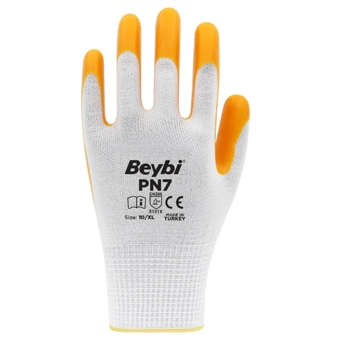 BEYBİ PN7 10/XL Polyester Örme Nitril Yarı Kaplı İş Eldiven 3131X Beyaz/Sarı