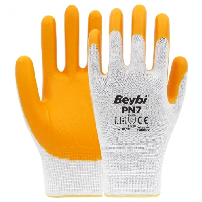 BEYBİ PN7 10/XL Polyester Örme Nitril Yarı Kaplı İş Eldiven 3131X Beyaz/Sarı
