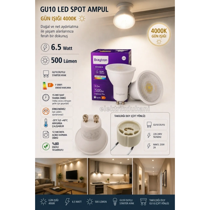 BRAYTRON 6.5w GÜNIŞIĞI GU10 Duylu Çanak Led Spot Ampul 4000k (Starter Duylu) 220 Volt 6.5 Watt