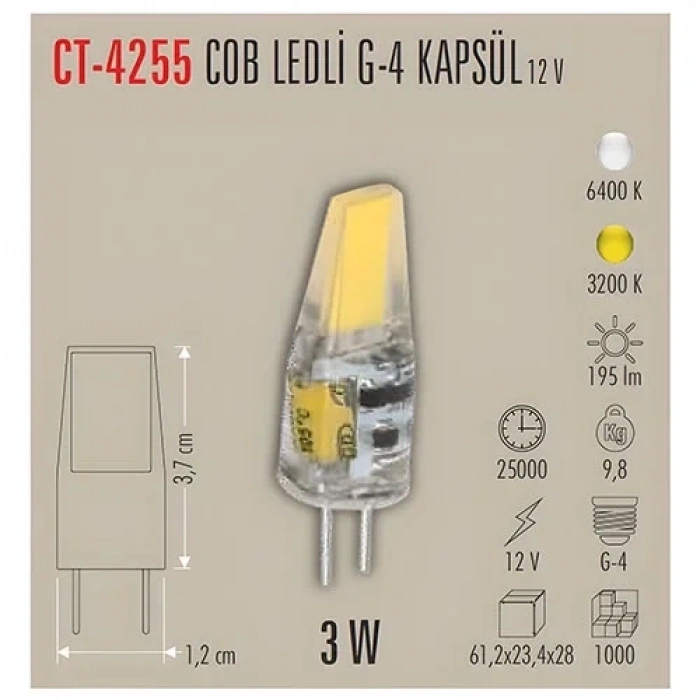 CATA 12v 3w Cop Ledli Kapsül Ampul G4 Duylu 3200K Günışığı (30w Işık Verir)