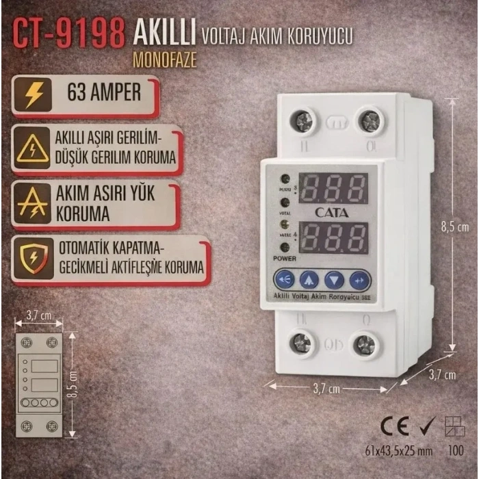 CATA 1x63A Monofaze Akıllı Voltaj ve Akım Koruma Rolesi Şebeke Giriş Voltaj Denetleyici 220 Volt 63 Amper
