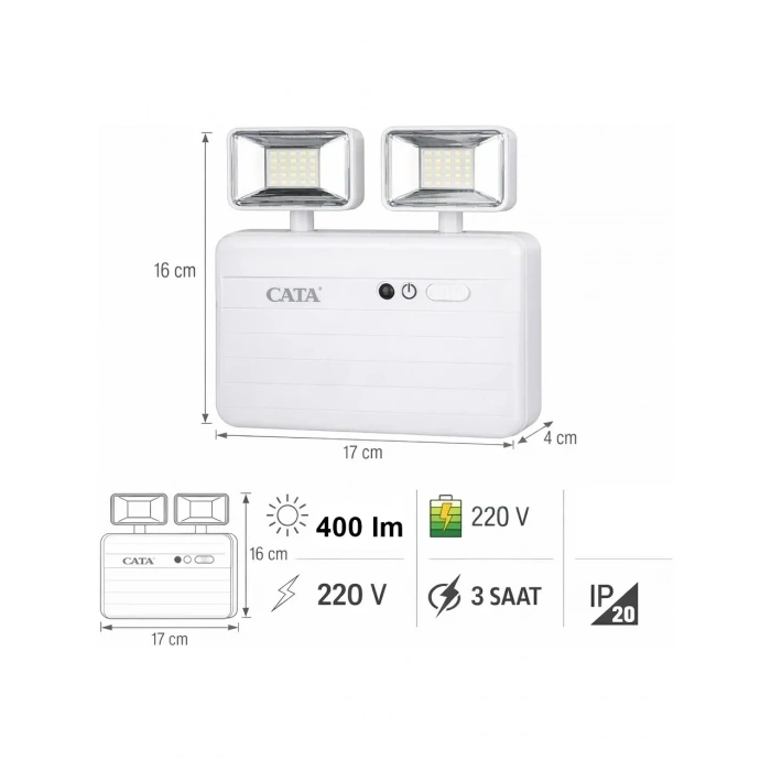 CATA 2x5 Watt Nil Acil Aydınlatma Şarjlı Armatür Işıldak 2 Kademe 6400k 220 Volt IP20