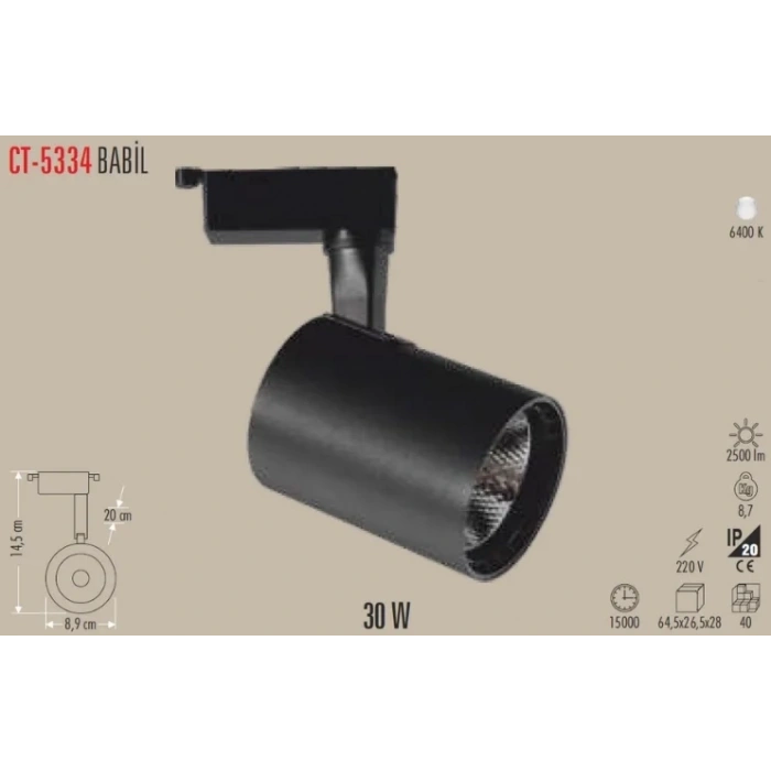 CATA 30w Babil BEYAZ Işık SİYAH Kasa Led Ray Spot Armatür 6400K (Plastik Kasa)