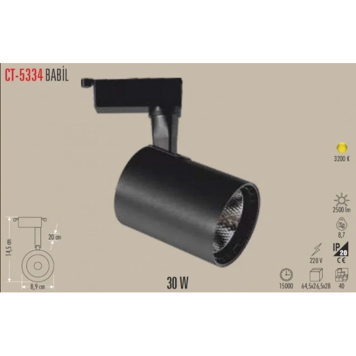 CATA 30w Babil GÜNIŞIĞI Işık SİYAH Kasa Led Ray Spot Armatür 3200K (Plastik Kasa)