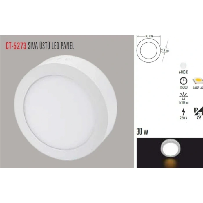 CATA 30w BEYAZ 6500k Yuvarlak Sıva Üstü Led Panel Beyaz Kasa 220 Volt IP20