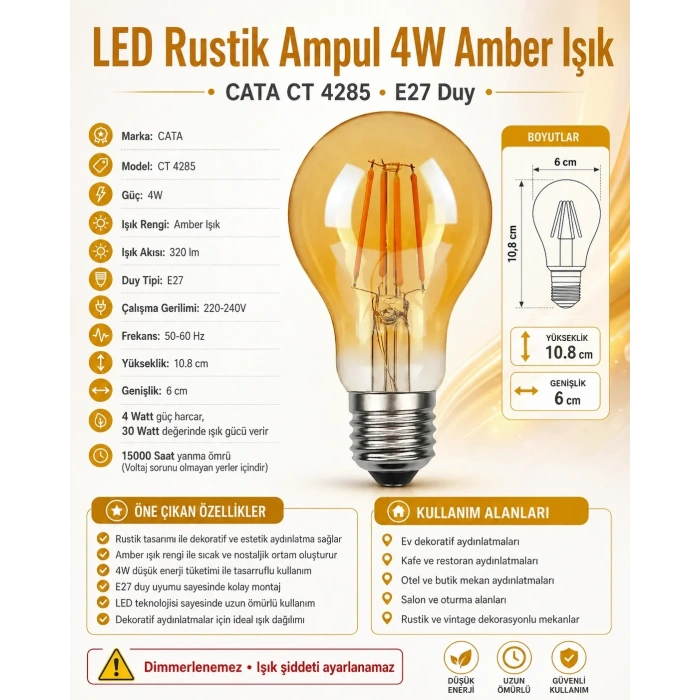 CATA 4w AMBER E-27 Rustik Led Ampul 2700k 320lm 4 Watt 220 Volt