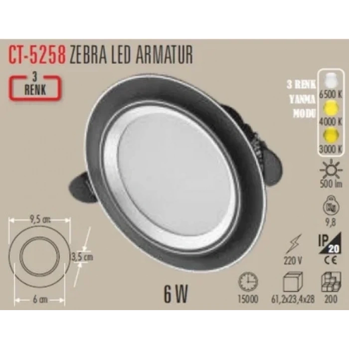 CATA 6W Zebra Siyah-Krom 3 Renk Led Spot S. A. 6400+4000+3200K Sıva Altı 6 Watt 220 Volt