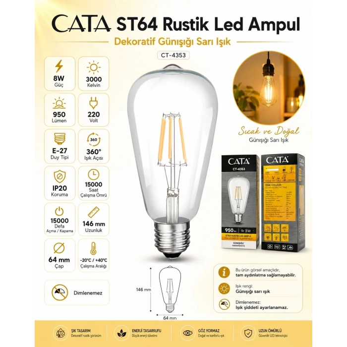 CATA 8W RUSTİK LED AMPUL GÜNIŞIĞI ARMUT