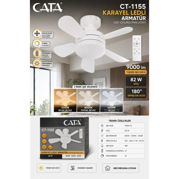 CATA Karayel Fan 82w Ledli Sıva Üstü Takılabilen 5 Kanatlı Kumandalı Tavan Vantilatörü