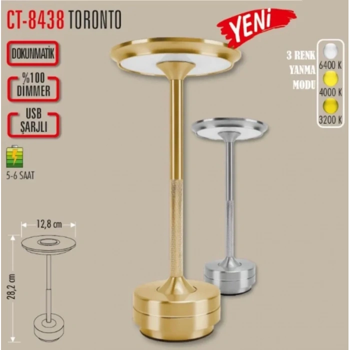 CATA Şarjlı Ledli TORONTO Masa Lambası GOLD 3 Renk Işık Abajur
