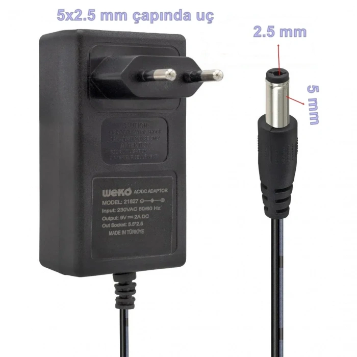 Dc 9v 2A 2000mA Fişli Adaptör 5.5x2.5mm Jaklı Plastik Kasa Doğru Akım 9 Volt 2 Amper
