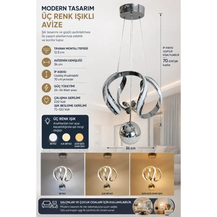DMR 1 Toplu AHTAPOT Sarkıt Led Avize KROM Geniş Şerit Kasa Üç Renk 6500k/4000k/3000k (Beyaz /Ilık Beyaz/Sarı (Günışığı))