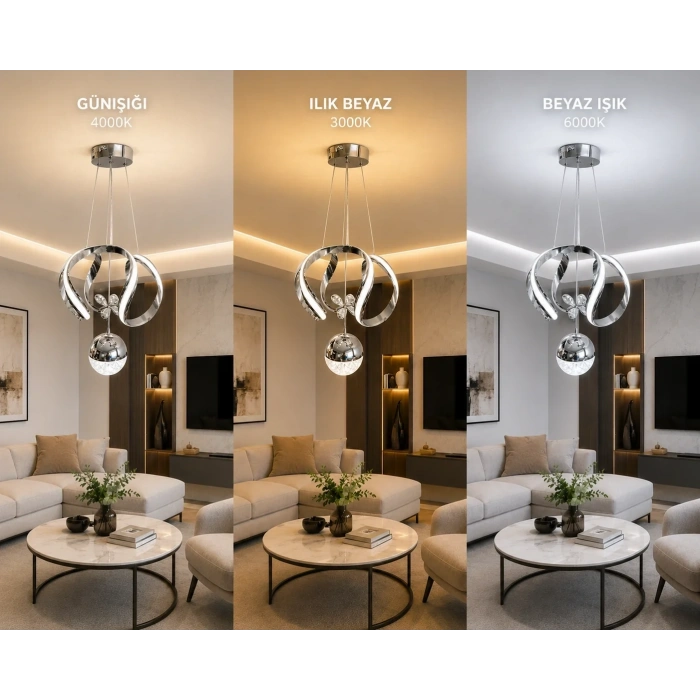 DMR 1 Toplu AHTAPOT Sarkıt Led Avize KROM Geniş Şerit Kasa Üç Renk 6500k/4000k/3000k (Beyaz /Ilık Beyaz/Sarı (Günışığı))
