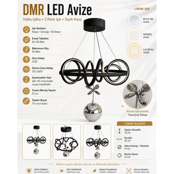 DMR Tek Toplu HALKA IŞILTISI Sarkıt Led Avize SİYAH Kasa Üç Renk 6500k/4000k/3000k (Beyaz /Sarı/Ilık Beyaz (Günışığı))