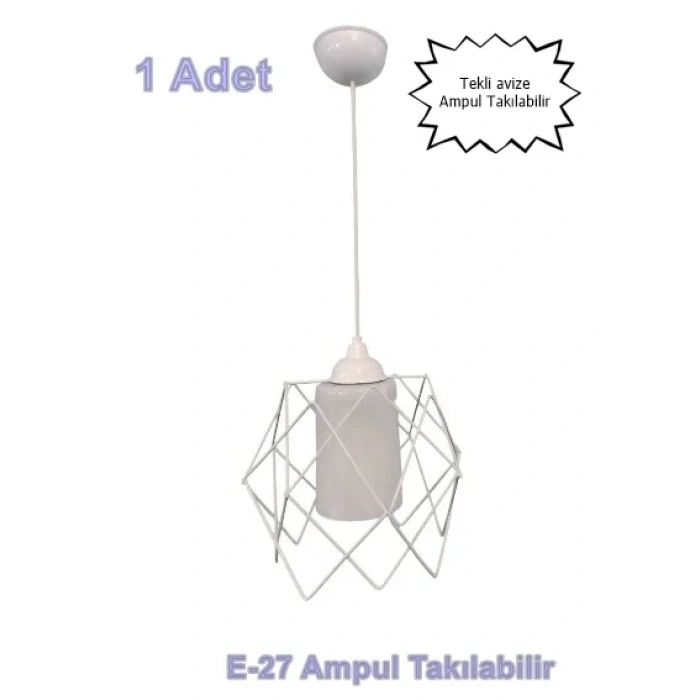 DMR Telli Baklava Camlı BEYAZ Tekli Avize E-27