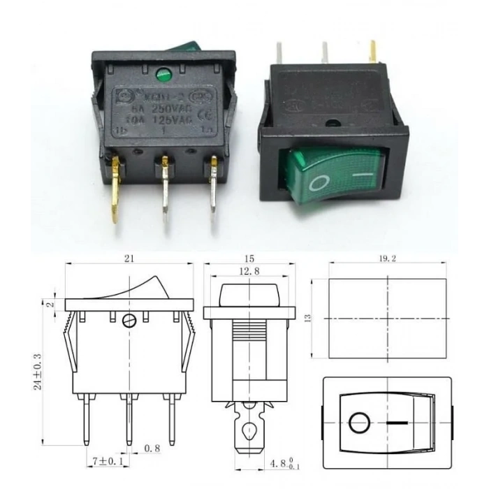 ENDER Işıklı YEŞİL Mini Anahtar 3 Ayaklı 10A 220v IP40 (19x17mm Derinlik 20mm Dikdörtgen)