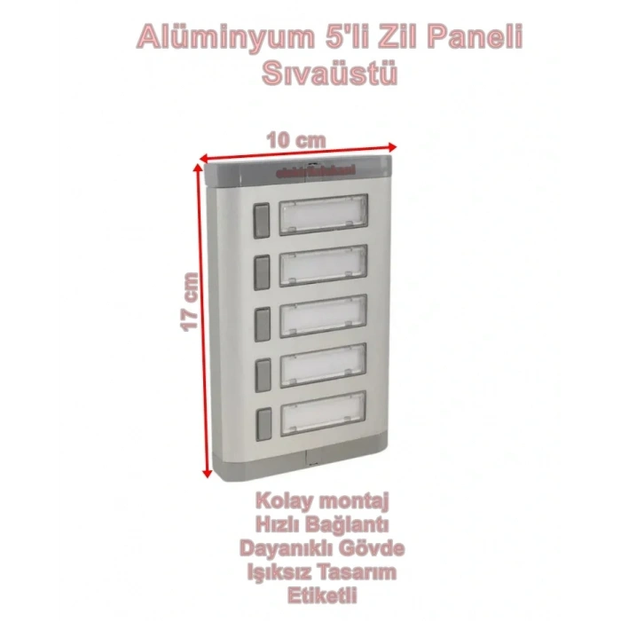 ENDER Işıksız 5li Alüminyum Zil Butonu Paneli Sıva Üstü