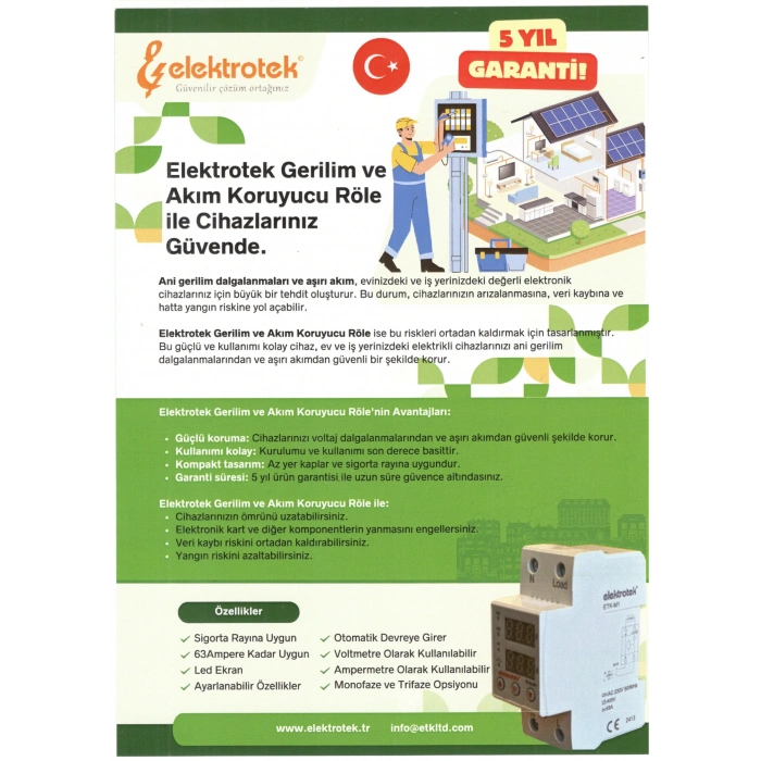 ETK 1x63A Monofaze Voltaj ve Akım Koruma Rolesi Şebeke Giriş Voltaj Denetleyici 220 Volt 63 Amper