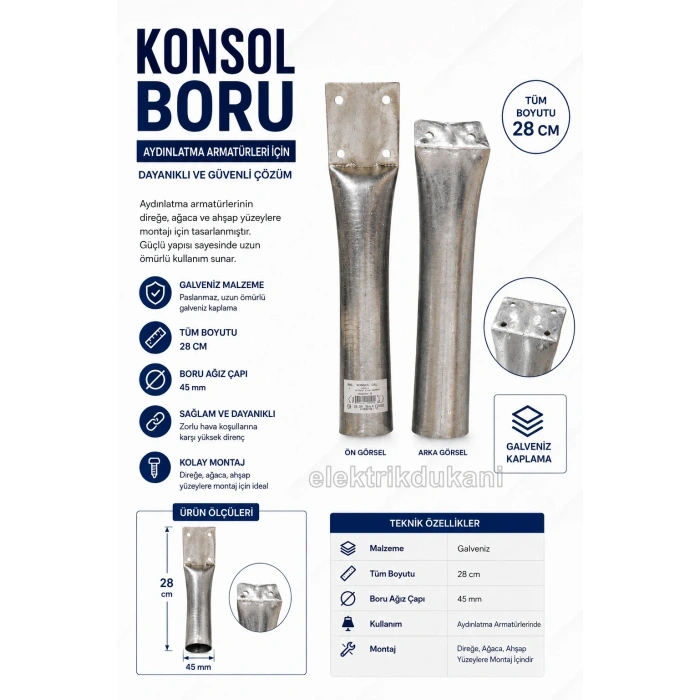 Galveniz 48mm (KALIN) Konsol Boru Sokak Lambası Ayağı Ezik ve Delikli