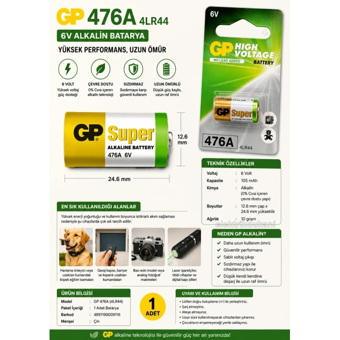 GP 4LR44 476A 6V Yüksek Voltaj Alkalıne Sipesifik Pil (Köpek Tasması Pil)