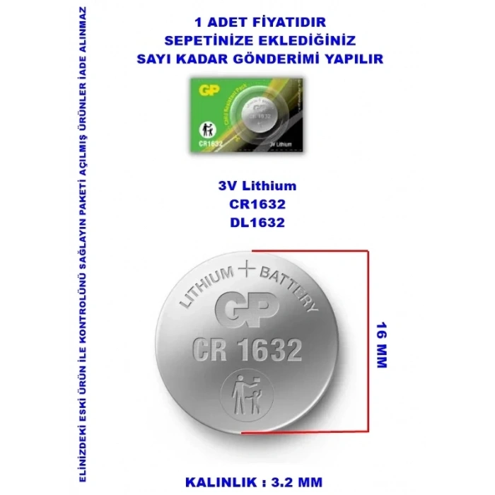 GP CR-1632 3V Araç Kumanda Pili (Para Pil) 1 Adet
