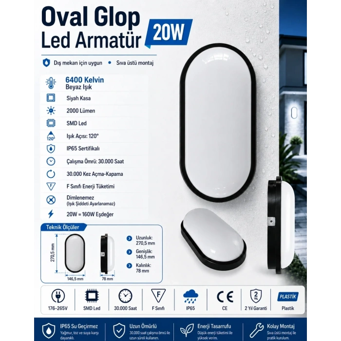 HOROZ Aydos 20w SİYAH Oval Glop Led Armatür 6400k IP65