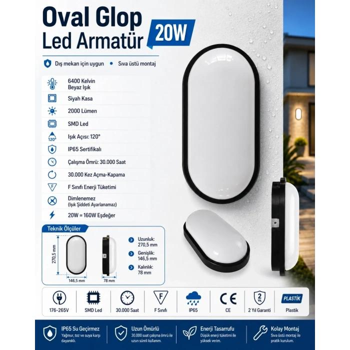 HOROZ Aydos 20w SİYAH Oval Glop Led Armatür 6400k IP65