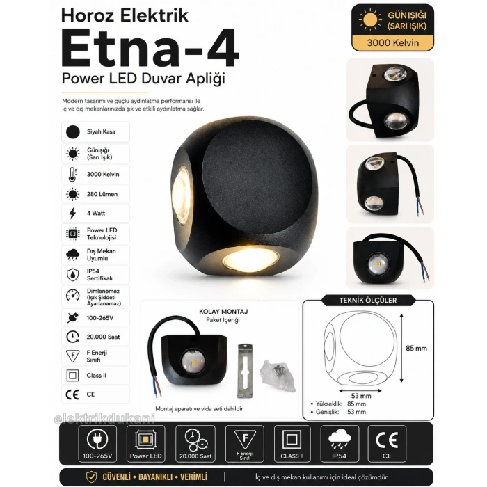 HOROZ Etna-4 4w Sarı Işık 3000k Star (Yıldız) Efektli Duvar Aplik Siyah Kasa 280lm 4 Watt 220 Volt IP54 (Günışığı)