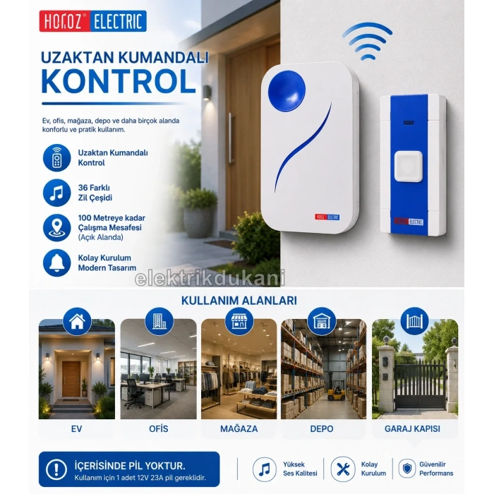 HOROZ Fuji-D BEYAZ Uzaktan Kumandalı Melodili Pilli Kapı Zili 4.5v Dc IP-20 (3xAA Pil Açık Alan 100Mt)