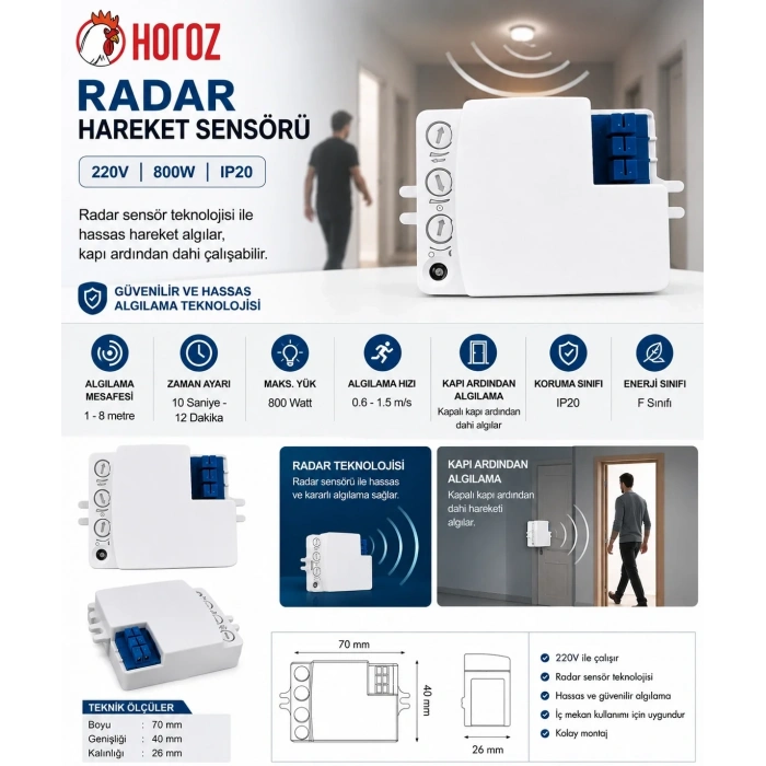 HOROZ POLO-S Radar Hareket Sensörü 800w (Micro Dalga RF Sensör Tipi) Açı 360 Derece Işık Süre ve Mesafe Ayarlı Sensör