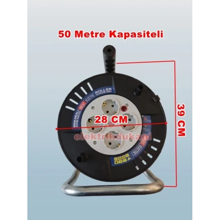 HOROZ Roll-2 Plastik Boş Kablo Makarası Monofaze 4 Prizli 50mt Kapasiteli Termik Korumalı (3x1.5 TTR) IP20