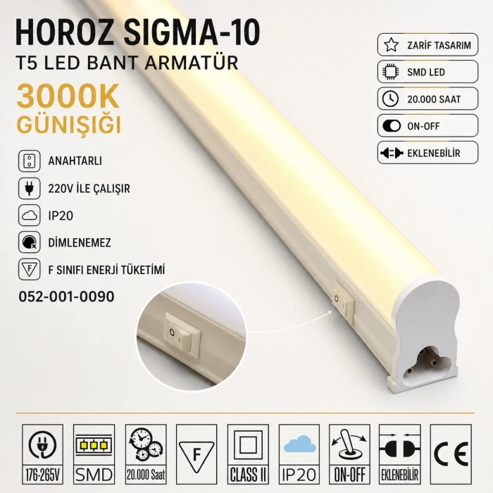 HOROZ Sigma-10 90cm GÜNIŞIĞI 10w T5 Led Bant Armatür Anahtarlı 2700k IP20