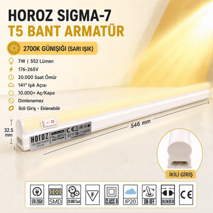 HOROZ Sigma-7 60cm GÜNIŞIĞI 7w T5 Led Bant Armatür Anahtarlı 2700k IP20