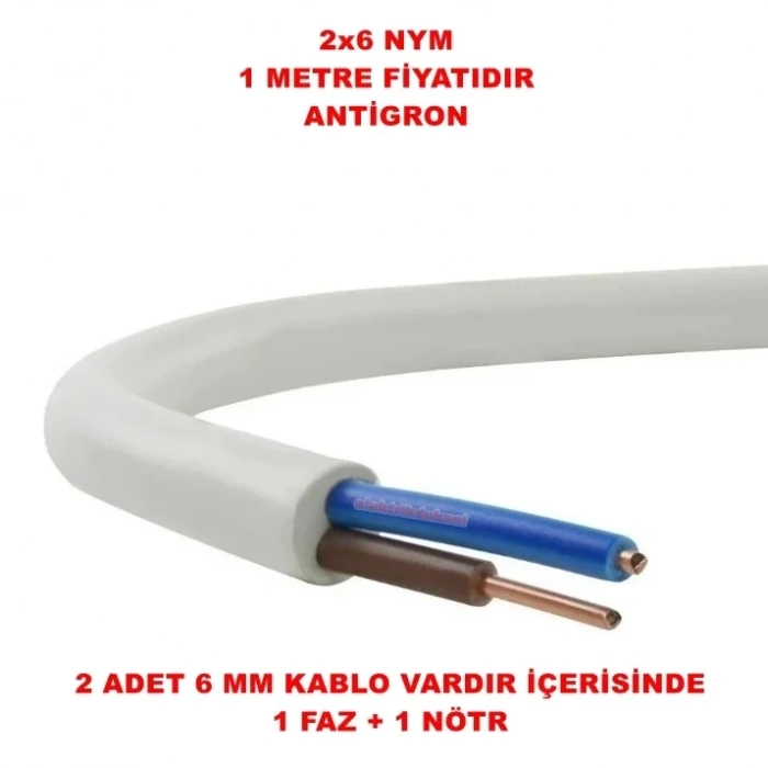 HÜNKA 2x6mm NYM Elektrik Kablosu (Bakır İkili Tek Damar Antigron Tesisat Kablosu)