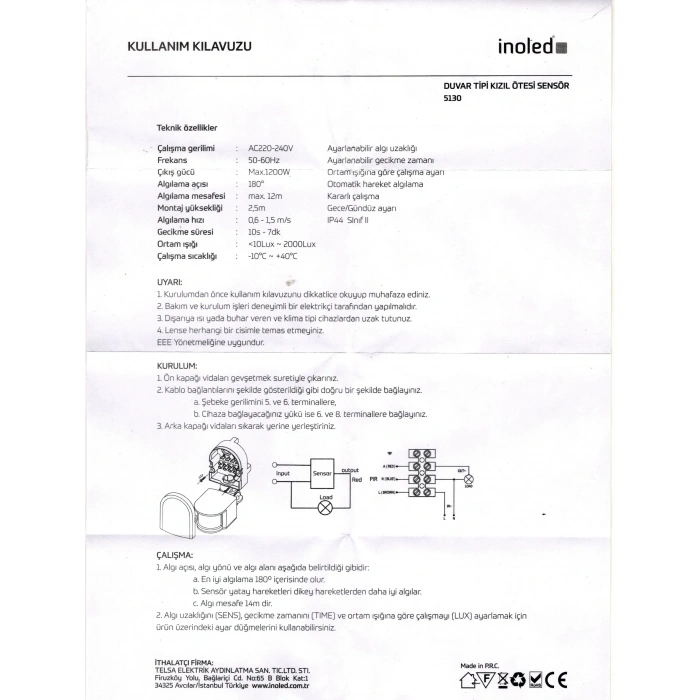İNOLED Sıva Üstü Hareket Sensörü 180 Derece Görüş Açılı 1200W 12 Mt Algılama Mesafesi