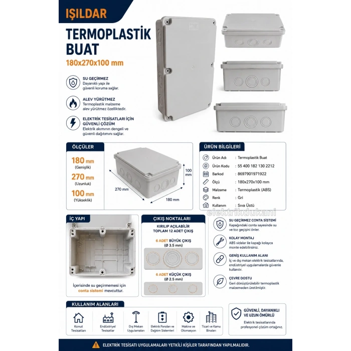 IŞILDAR 180x270x100 Termoplastik 12 Çıkışlı Buat Beyaz IP65 (ABS Vidalı Contalı Kapak)