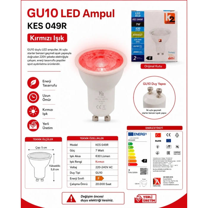 K2 7w KIRMIZI Gu10 Duylu Lensli Çanak Led Spot Ampul 630lm 7 Watt 220 Volt (Starter Duylu)
